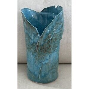 VTG Folded ceramic vase Ruth Gettys Calhoun signed blue green sea ocean 10”